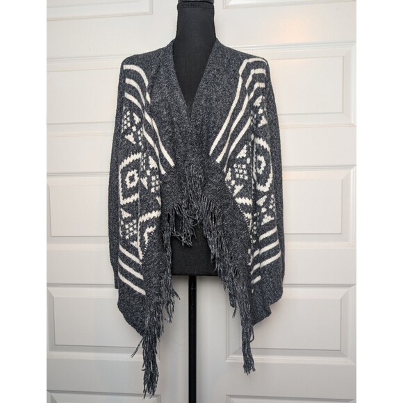 Hollister Gray Aztec Sweater Size S Open Front Cardigan Tassels Southwestern - Picture 2 of 9